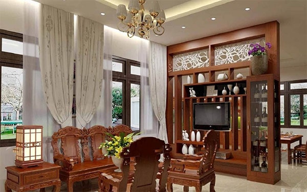 bàn ghế và vách ngăn gỗ trang trí phòng khách